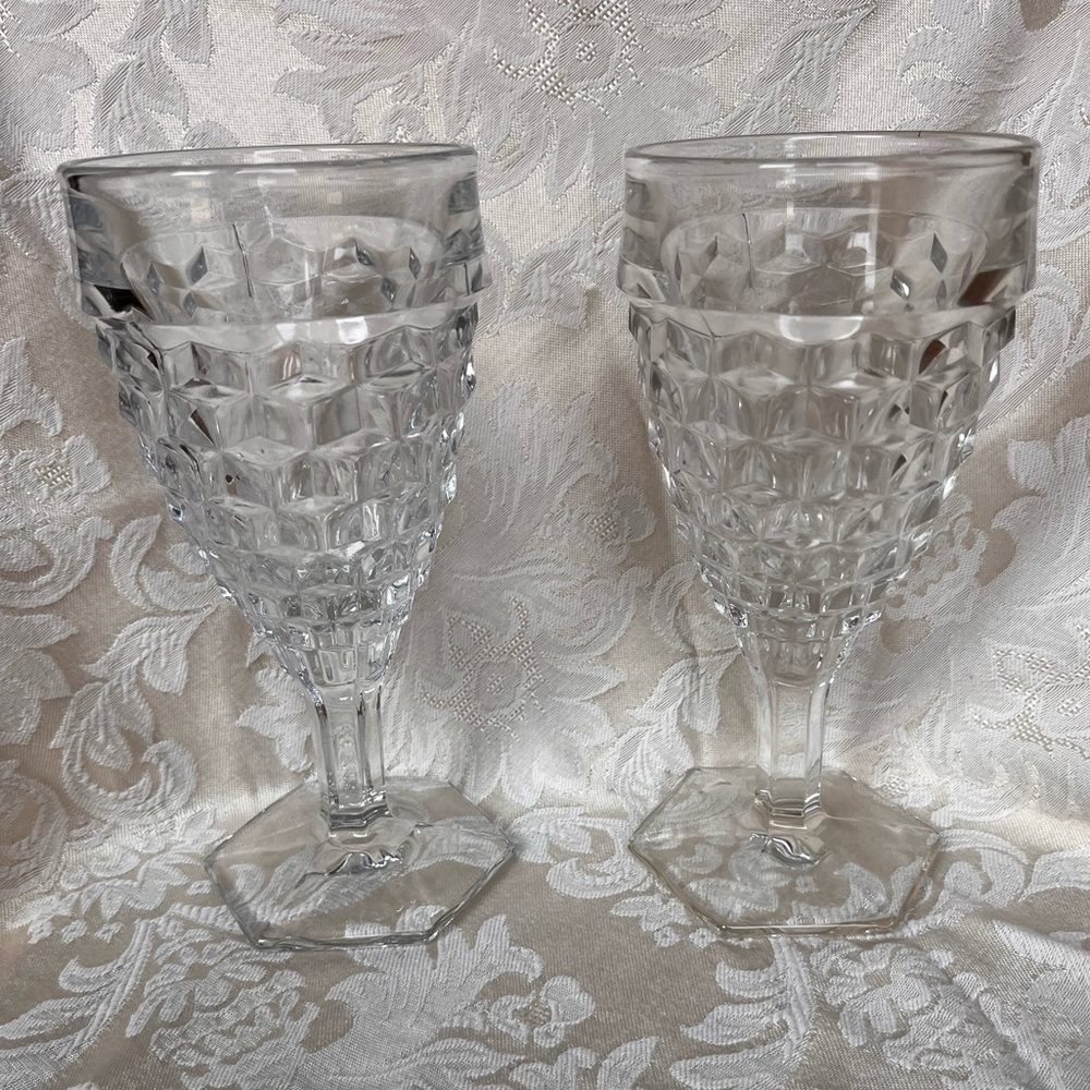 Vtg Fostoria American Clear Glass Water Goblets Hexagon Base Cubist Pair S/2 7"